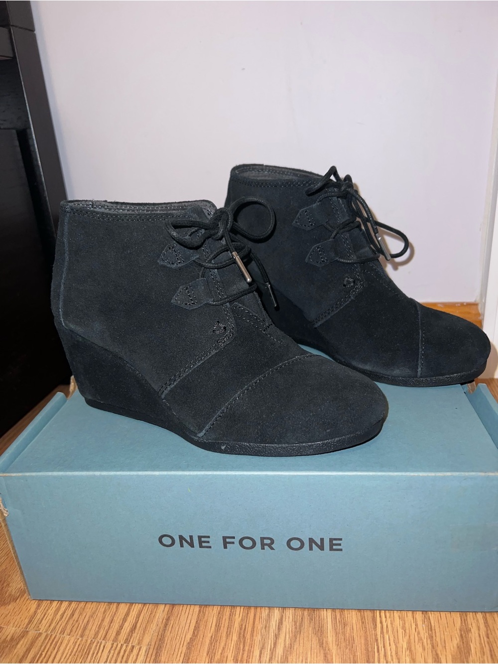 Toms Kala Black Suede Wedge Ankle Boots